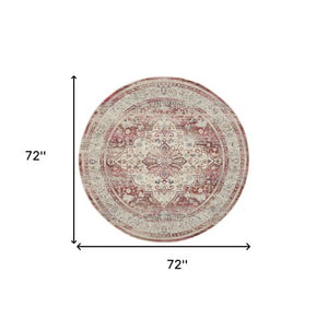 Homeroots 6' Stunning Floral Distressed Round Rug In Ivory, Red & Brown - Durable, Stain Resistant & Stylish  Polypropylene 552364