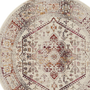 Homeroots 6' Stunning Ivory Red & Orange Floral Distressed Round Rug - Durable, Stain Resistant, Stylish Decor  Polypropylene 552365
