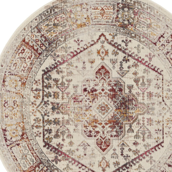 Homeroots 6' Stunning Ivory Red & Orange Floral Distressed Round Rug - Durable, Stain Resistant, Stylish Decor  Polypropylene 552365