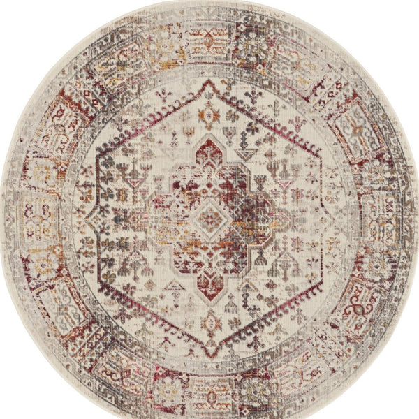 Homeroots 6' Stunning Ivory Red & Orange Floral Distressed Round Rug - Durable, Stain Resistant, Stylish Decor  Polypropylene 552365