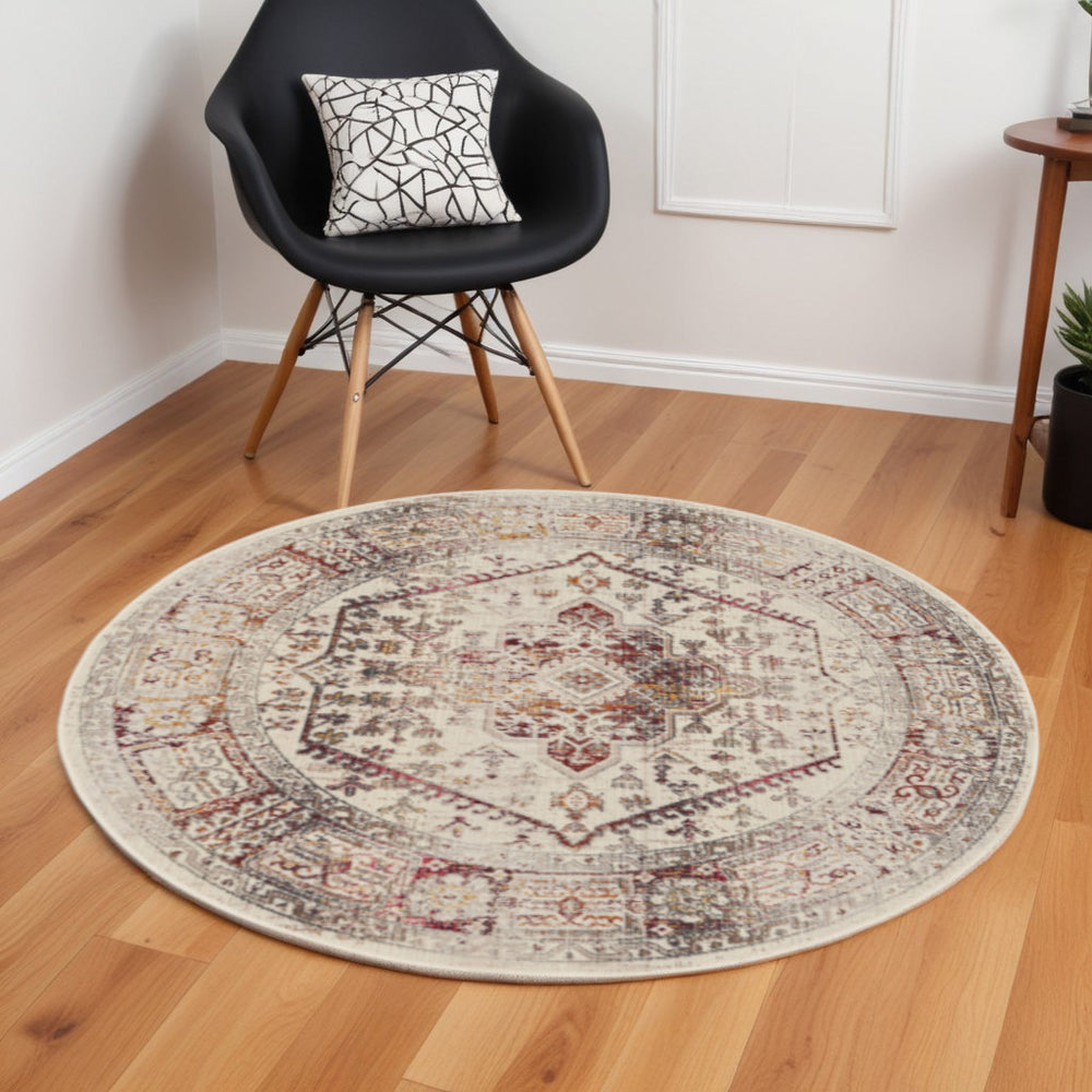 Homeroots 6' Stunning Ivory Red & Orange Floral Distressed Round Rug - Durable, Stain Resistant, Stylish Decor  Polypropylene 552365