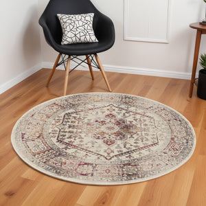 Homeroots 6' Stunning Ivory Red & Orange Floral Distressed Round Rug - Durable, Stain Resistant, Stylish Decor  Polypropylene 552365