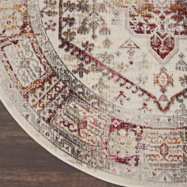 Homeroots 6' Stunning Ivory Red & Orange Floral Distressed Round Rug - Durable, Stain Resistant, Stylish Decor  Polypropylene 552365