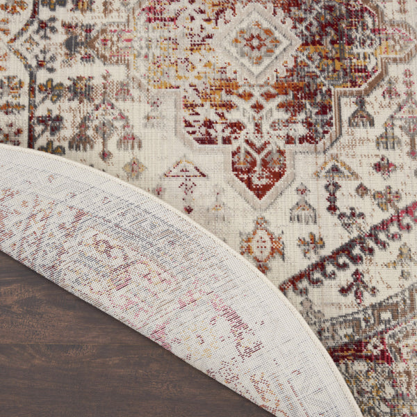 Homeroots 6' Stunning Ivory Red & Orange Floral Distressed Round Rug - Durable, Stain Resistant, Stylish Decor  Polypropylene 552365