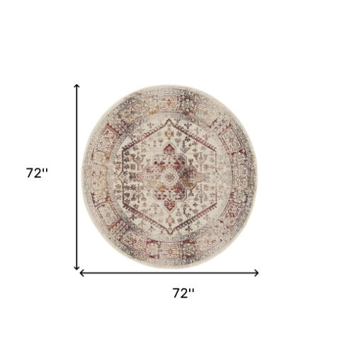 Homeroots 6' Stunning Ivory Red & Orange Floral Distressed Round Rug - Durable, Stain Resistant, Stylish Decor  Polypropylene 552365