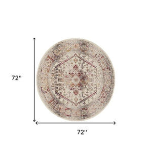 Homeroots 6' Stunning Ivory Red & Orange Floral Distressed Round Rug - Durable, Stain Resistant, Stylish Decor  Polypropylene 552365