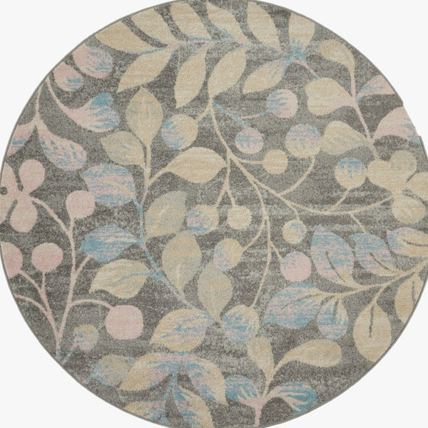 Homeroots 5' Stylish Beige Gray And Blue Botanical Leaves Round Rug - Durable, Stain Resistant, Cozy Accent Piece  Polypropylene 552367