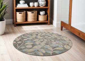 Homeroots 5' Stylish Beige Gray And Blue Botanical Leaves Round Rug - Durable, Stain Resistant, Cozy Accent Piece  Polypropylene 552367