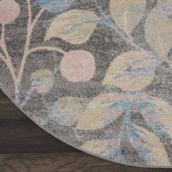 Homeroots 5' Stylish Beige Gray And Blue Botanical Leaves Round Rug - Durable, Stain Resistant, Cozy Accent Piece  Polypropylene 552367