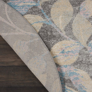 Homeroots 5' Stylish Beige Gray And Blue Botanical Leaves Round Rug - Durable, Stain Resistant, Cozy Accent Piece  Polypropylene 552367