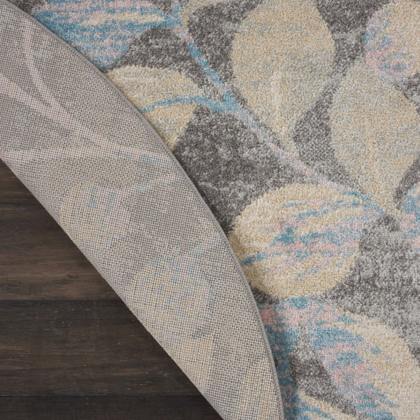 Homeroots 5' Stylish Beige Gray And Blue Botanical Leaves Round Rug - Durable, Stain Resistant, Cozy Accent Piece  Polypropylene 552367