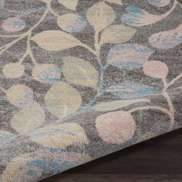 Homeroots 5' Stylish Beige Gray And Blue Botanical Leaves Round Rug - Durable, Stain Resistant, Cozy Accent Piece  Polypropylene 552367