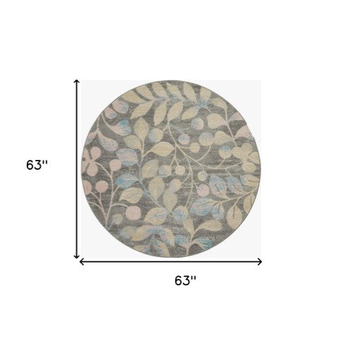 Homeroots 5' Stylish Beige Gray And Blue Botanical Leaves Round Rug - Durable, Stain Resistant, Cozy Accent Piece  Polypropylene 552367