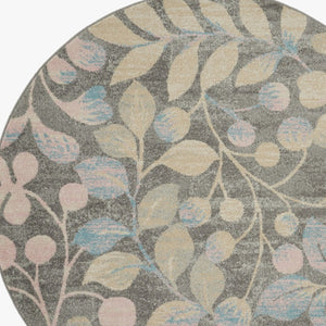 Homeroots 5' Stylish Beige Gray And Blue Botanical Leaves Round Rug - Durable, Stain Resistant, Cozy Accent Piece  Polypropylene 552367