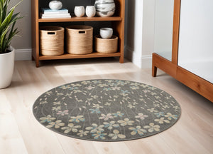 Homeroots 5' Beige And Gray Floral Round Rug - Durable, Stain-resistant Design For Stylish Home Decor And Comfort  Polypropylene 552369