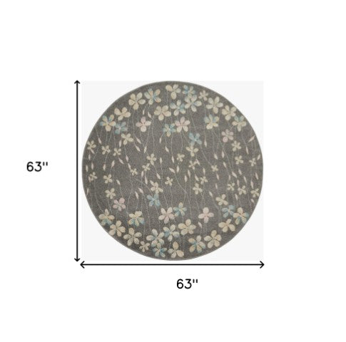 Homeroots 5' Beige And Gray Floral Round Rug - Durable, Stain-resistant Design For Stylish Home Decor And Comfort  Polypropylene 552369