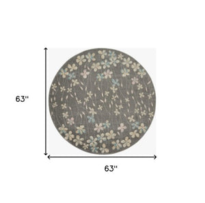 Homeroots 5' Beige And Gray Floral Round Rug - Durable, Stain-resistant Design For Stylish Home Decor And Comfort  Polypropylene 552369