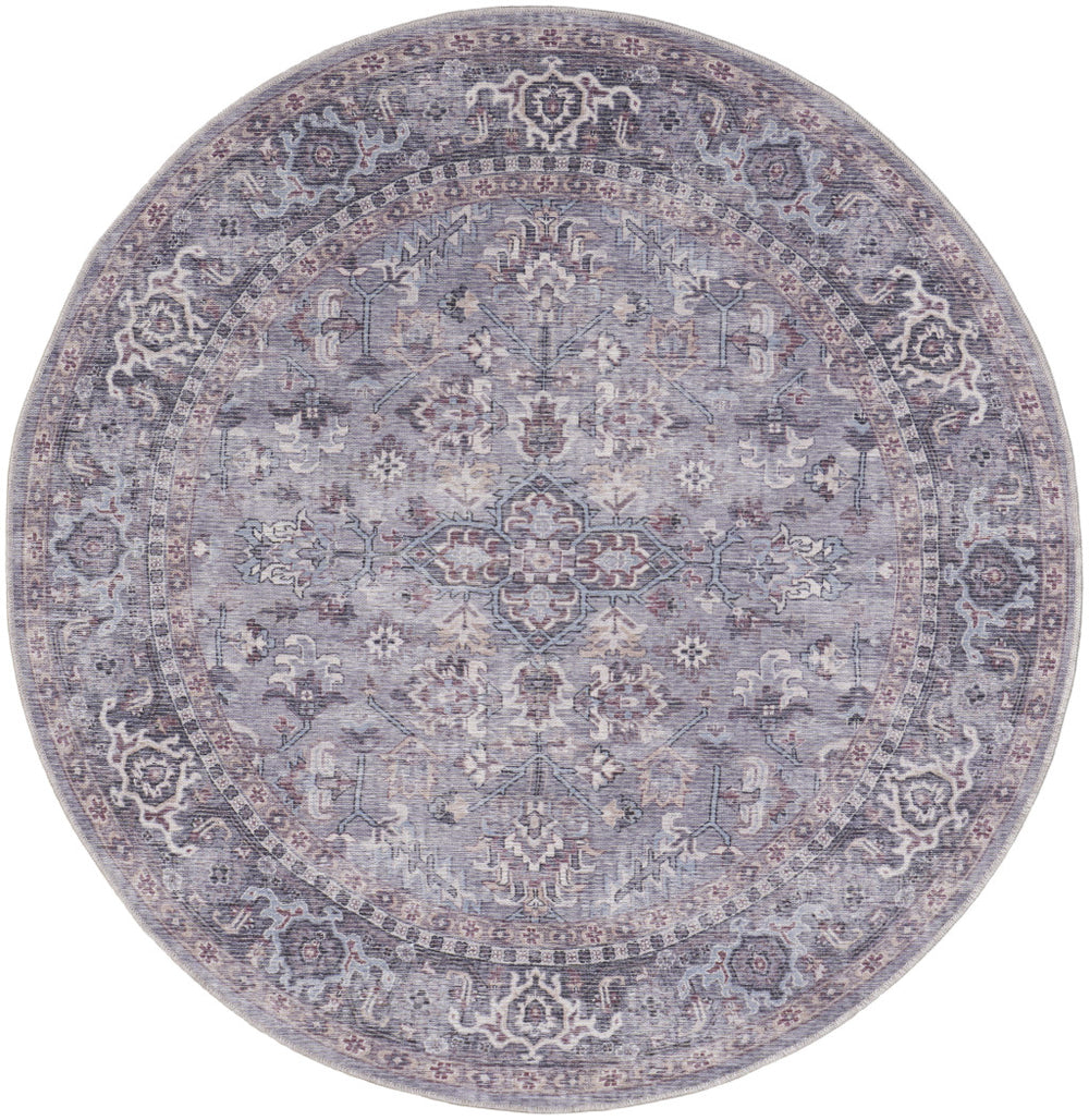 Homeroots 5' Gray And Beige Round Floral Power Loom Distressed Area Rug  Cotton Blend 552371