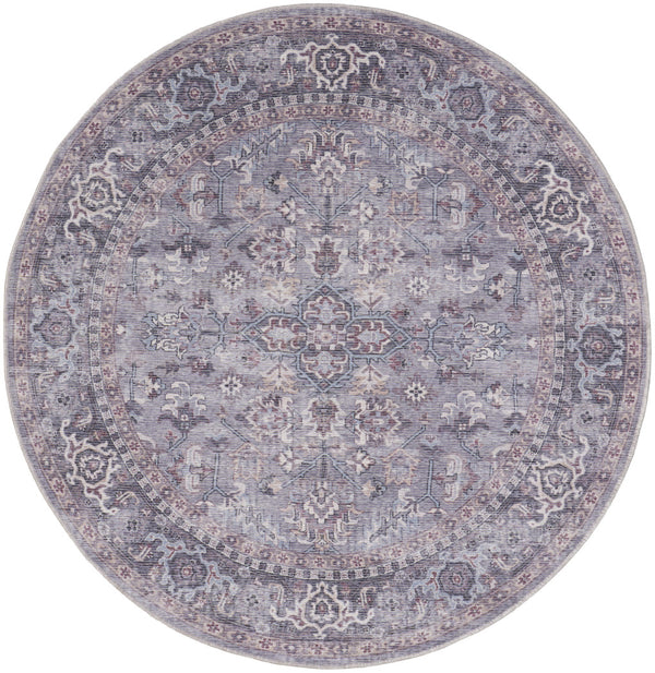 Homeroots 5' Gray And Beige Round Floral Power Loom Distressed Area Rug  Cotton Blend 552371