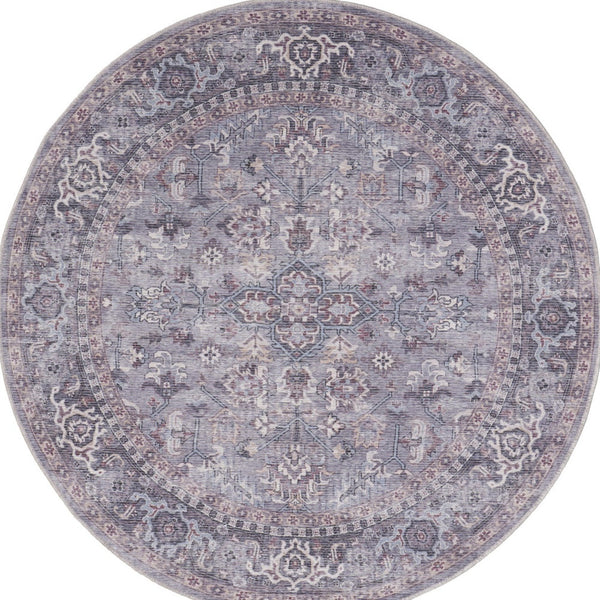 Homeroots 5' Gray And Beige Round Floral Power Loom Distressed Area Rug  Cotton Blend 552371