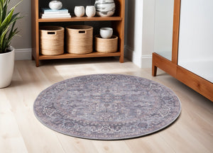 Homeroots 5' Gray And Beige Round Floral Power Loom Distressed Area Rug  Cotton Blend 552371