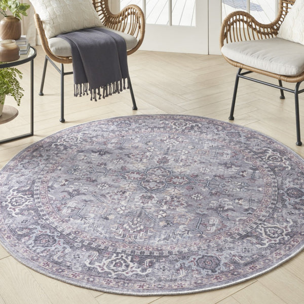HomeRoots 5' Elegant Gray and Beige Floral Area Rug - Distressed Power Loom Design for Timeless Home Decor 5' Round 552371