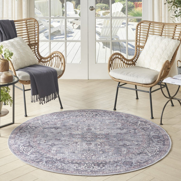 HomeRoots 5' Elegant Gray and Beige Floral Area Rug - Distressed Power Loom Design for Timeless Home Decor 5' Round 552371