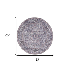 Homeroots 5' Gray And Beige Round Floral Power Loom Distressed Area Rug  Cotton Blend 552371