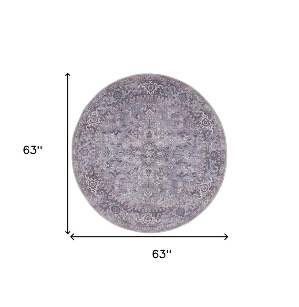 Homeroots 5' Gray And Beige Round Floral Power Loom Distressed Area Rug  Cotton Blend 552371