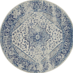 Homeroots 5' Ivory & Light Blue Floral Medallion Round Rug - Durable, Stain-resistant, Perfect For Kids & Pets  Polypropylene 552373