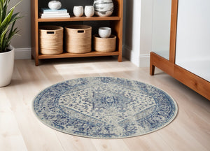 Homeroots 5' Ivory & Light Blue Floral Medallion Round Rug - Durable, Stain-resistant, Perfect For Kids & Pets  Polypropylene 552373