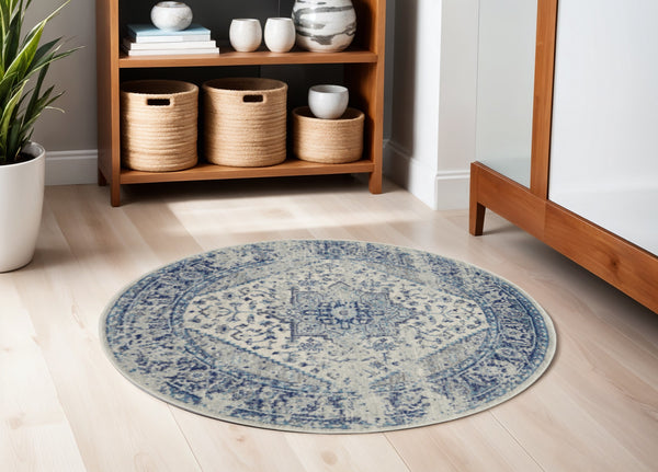 Homeroots 5' Ivory & Light Blue Floral Medallion Round Rug - Durable, Stain-resistant, Perfect For Kids & Pets  Polypropylene 552373
