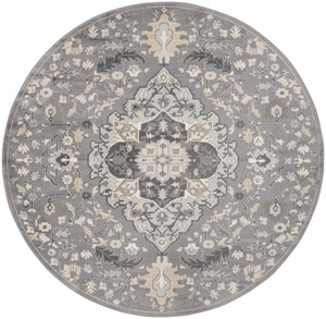 Homeroots 5' Ivory Black And Gray Floral Medallion Non Skid Round Rug  Polypropylene 552375