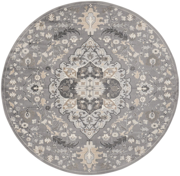 Homeroots 5' Ivory Black And Gray Floral Medallion Non Skid Round Rug  Polypropylene 552375
