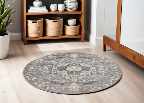 Homeroots 5' Ivory Black And Gray Floral Medallion Non Skid Round Rug  Polypropylene 552375