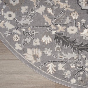 Homeroots 5' Ivory Black And Gray Floral Medallion Non Skid Round Rug  Polypropylene 552375