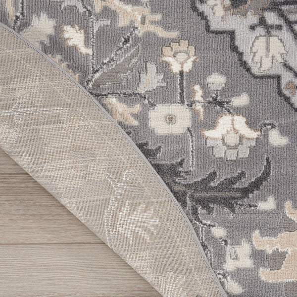 Homeroots 5' Ivory Black And Gray Floral Medallion Non Skid Round Rug  Polypropylene 552375