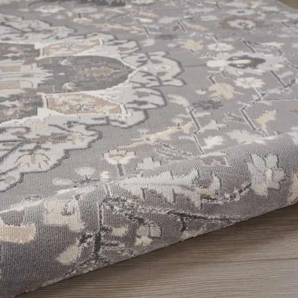 Homeroots 5' Ivory Black And Gray Floral Medallion Non Skid Round Rug  Polypropylene 552375