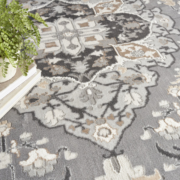 Homeroots 5' Ivory Black And Gray Floral Medallion Non Skid Round Rug  Polypropylene 552375