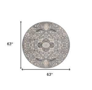 Homeroots 5' Ivory Black And Gray Floral Medallion Non Skid Round Rug  Polypropylene 552375