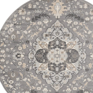 Homeroots 5' Ivory Black And Gray Floral Medallion Non Skid Round Rug  Polypropylene 552375