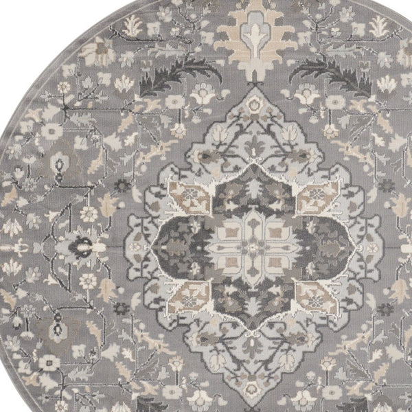 Homeroots 5' Ivory Black And Gray Floral Medallion Non Skid Round Rug  Polypropylene 552375