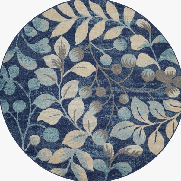Homeroots 5' Navy Blue And Beige Botanical Leaves Round Rug - Stain Resistant, Durable, Perfect For Any Space!  Polypropylene 552379