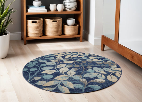Homeroots 5' Navy Blue And Beige Botanical Leaves Round Rug - Stain Resistant, Durable, Perfect For Any Space!  Polypropylene 552379