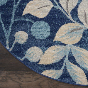 Homeroots 5' Navy Blue And Beige Botanical Leaves Round Rug - Stain Resistant, Durable, Perfect For Any Space!  Polypropylene 552379