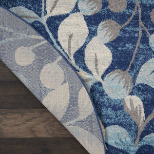 Homeroots 5' Navy Blue And Beige Botanical Leaves Round Rug - Stain Resistant, Durable, Perfect For Any Space!  Polypropylene 552379