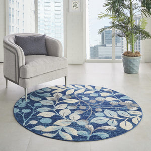 Homeroots 5' Navy Blue And Beige Botanical Leaves Round Rug - Stain Resistant, Durable, Perfect For Any Space!  Polypropylene 552379