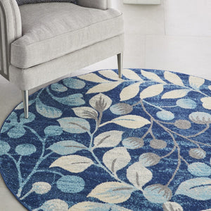 Homeroots 5' Navy Blue And Beige Botanical Leaves Round Rug - Stain Resistant, Durable, Perfect For Any Space!  Polypropylene 552379