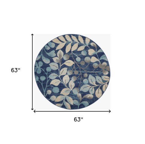 Homeroots 5' Navy Blue And Beige Botanical Leaves Round Rug - Stain Resistant, Durable, Perfect For Any Space!  Polypropylene 552379