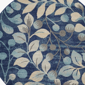 Homeroots 5' Navy Blue And Beige Botanical Leaves Round Rug - Stain Resistant, Durable, Perfect For Any Space!  Polypropylene 552379